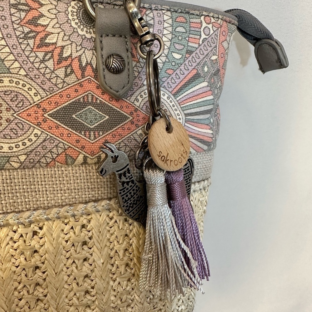 The Sak Sakroots Ellis Satchel Hobo Tan Gray Straw Leather Shoulder HandBag Tote - Picture 5 of 13